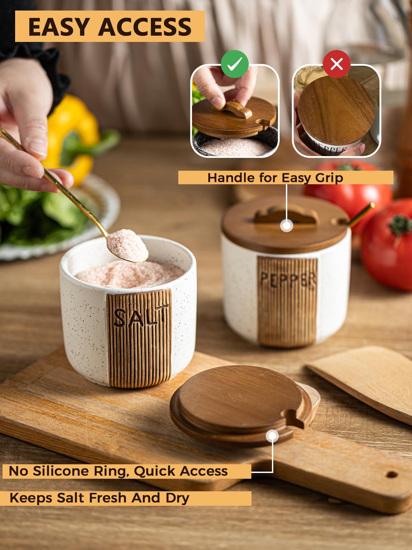 YHOJOY Salt Container for Countertop, Ceramic Salt Cellar with Lid and Spoons, 10 OZ Salt Bowl Holder for Mother's Day, White