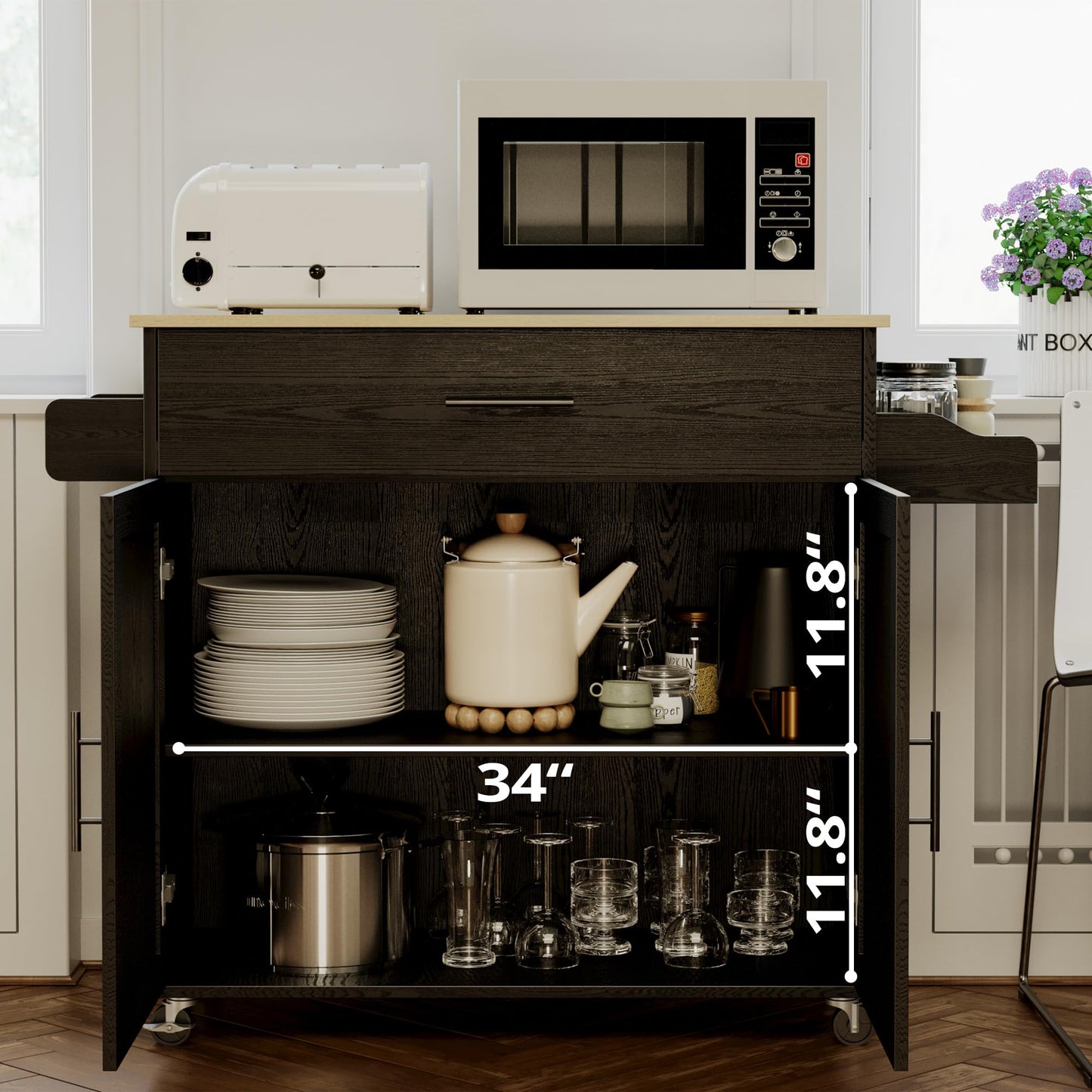 IRONCK Rolling Kitchen Island Table on Wheels with Drop Leaf, Storage Cabinet, Drawer, Spice/Towel Rack, Kitchen Cart, 47.25" Wide Black
