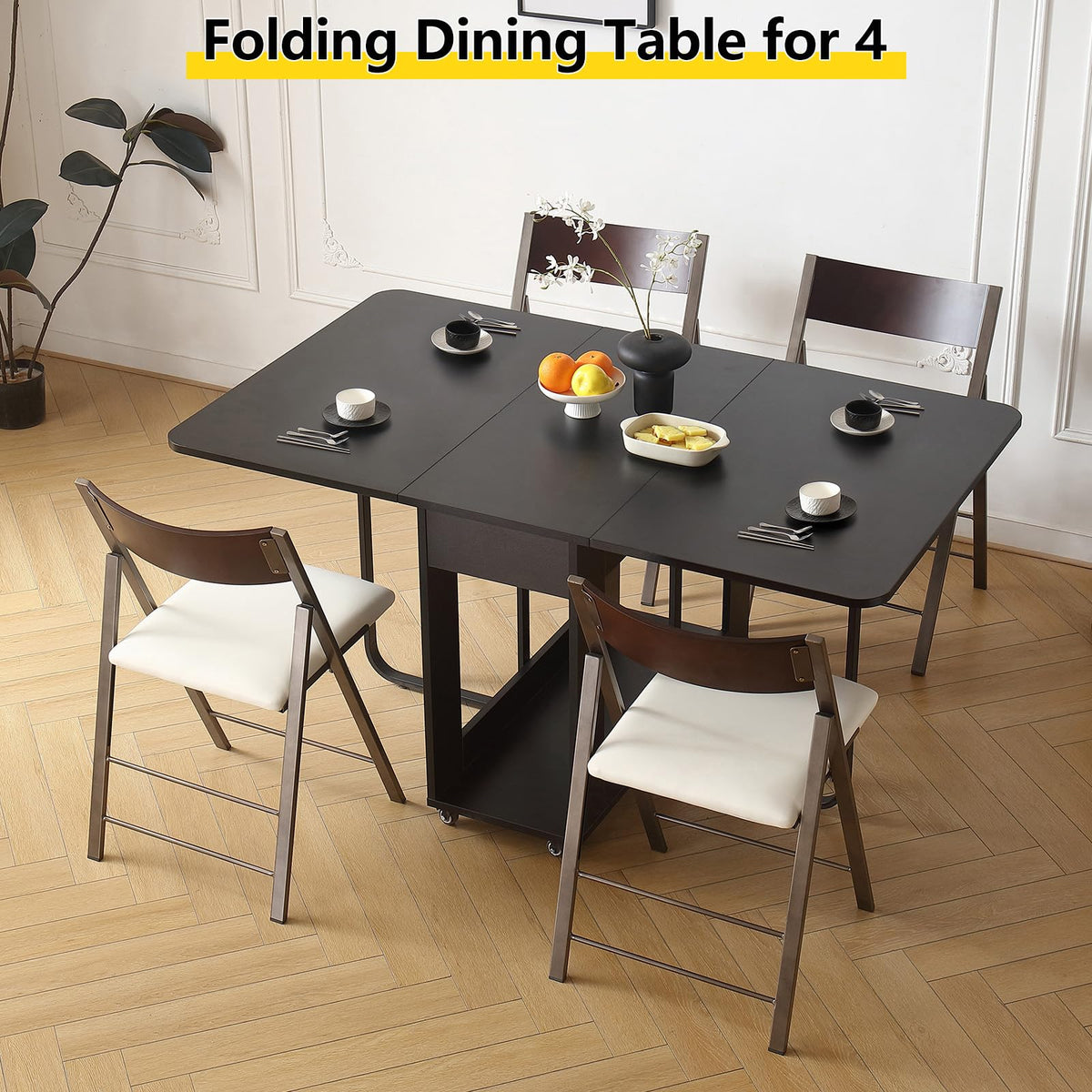 VASTATIO Folding Dining Room Table with Two Drawers for 4/6 with Space Saving Drop Leaf Table,Lockable Wheels & Storage, Heavy Duty Plywood Top 300lb, Convertible Desk for Apartments/RV/Home Office
