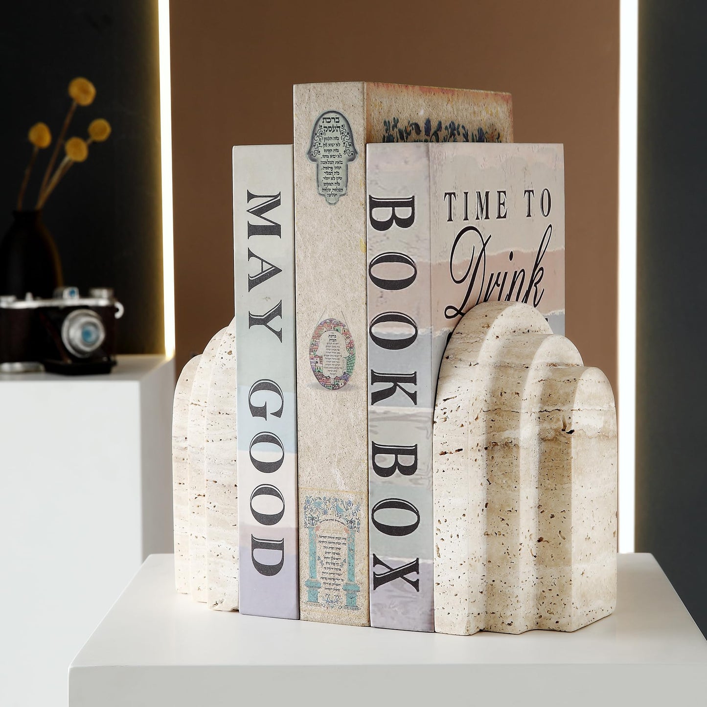 Natural Travertine Book Ends for Shelves Heavy 7.4 Lbs Non Slip Base