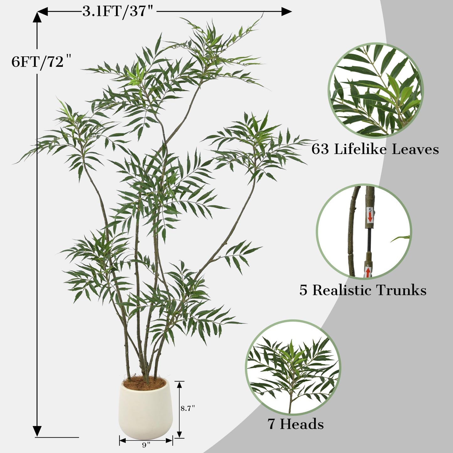 Artificial Mahonia Fortunei Tree 6FT - Faux Trees Indoor with 576 Lifelike Vivid Leaves and 7 Heads, 72" Tall Fake Potted Plant for Home Office Living Room Decor Housewarming Gift