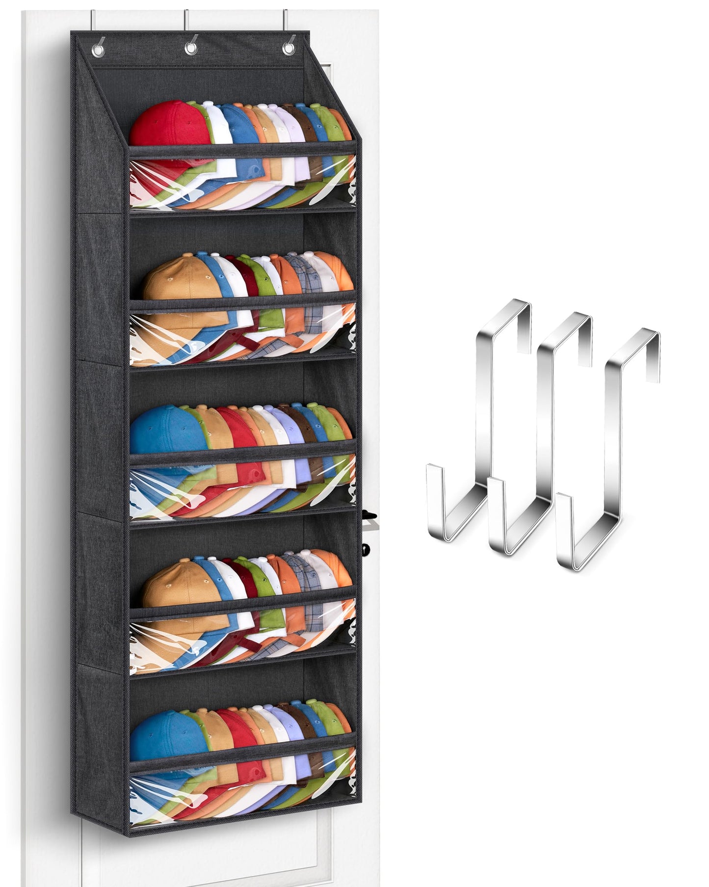 SLEEPING LAMB Over Door Hat Racks for Baseball Caps, Clear Deep Pockets Hat Organizer for Closet or Wall Hold 60 Hats Storage Holder With 3 Hooks Caps Display (Black)