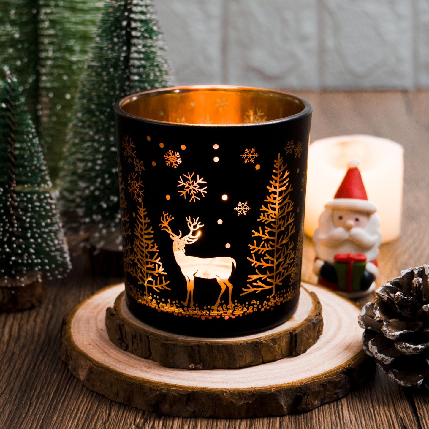 Toptime Votive Candle Holders, Black and Gold Glass Tealight Candle Holder Set of 3, Christmas Candle Holder with Elk, Xmax Tree, Snowflake Pattern, Table Canterpieces for New Year Party Decor