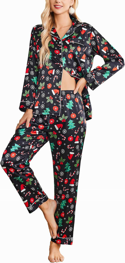Ekouaer Women's Classic Button Down Long Satin Silk Pajama Set