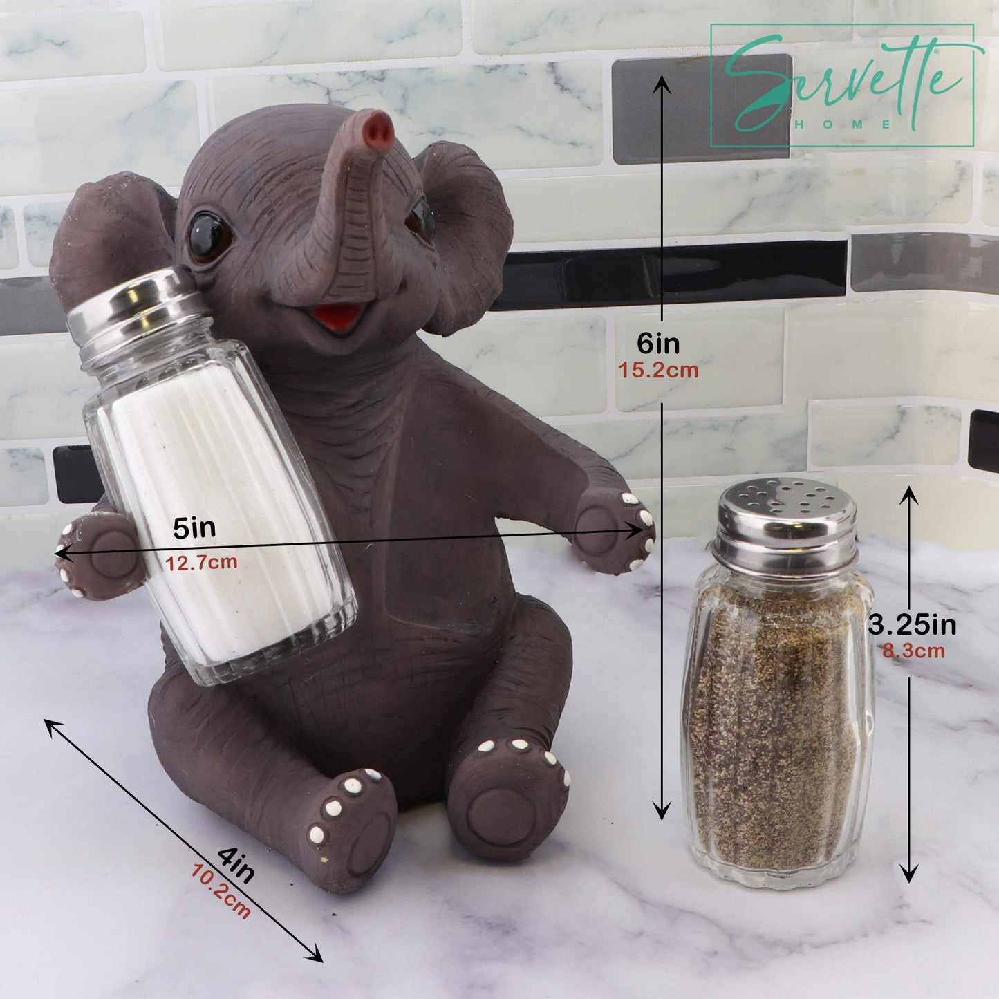 Jungle Animals Kitchen Décor Novelty Salt and Pepper Shaker Set With Holder - Baby Elephant