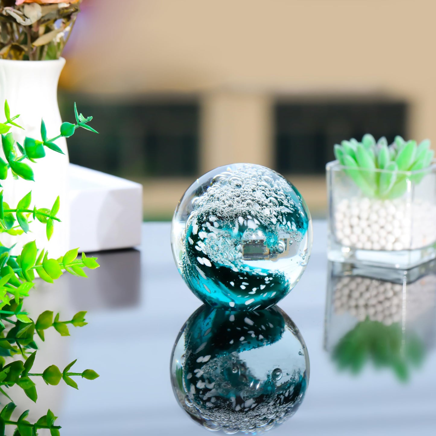Qianwei Hand Blown Ocean Waves Crystal Ball - Glass Collectible Figurines Spere - Paperweight Glass Ball Aquarium DecorOffice Decor Ocean Lovers