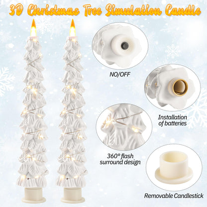 2 Pack White Christmas Tree LED Taper Candles, Flameless Flickering Candles with Copper String Lights, Upgraded Realistic Flame Effect, Battery Operated with Remote for Christmas Home Decoration