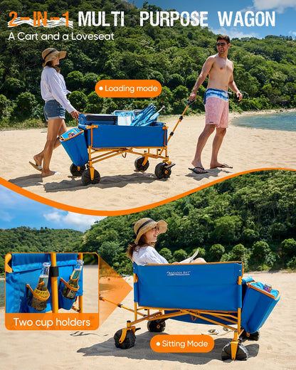 Old Bahama Bay 500lbs Love-Seat Wagon 3-in-1 Bench Wagon Seat for 2 Adults & Heavy Duty Utility Cart, 31L Detachable Cooler Bag, Adjustable Handle &Cup Holders,Perfect for The Beach, Sport, Camping