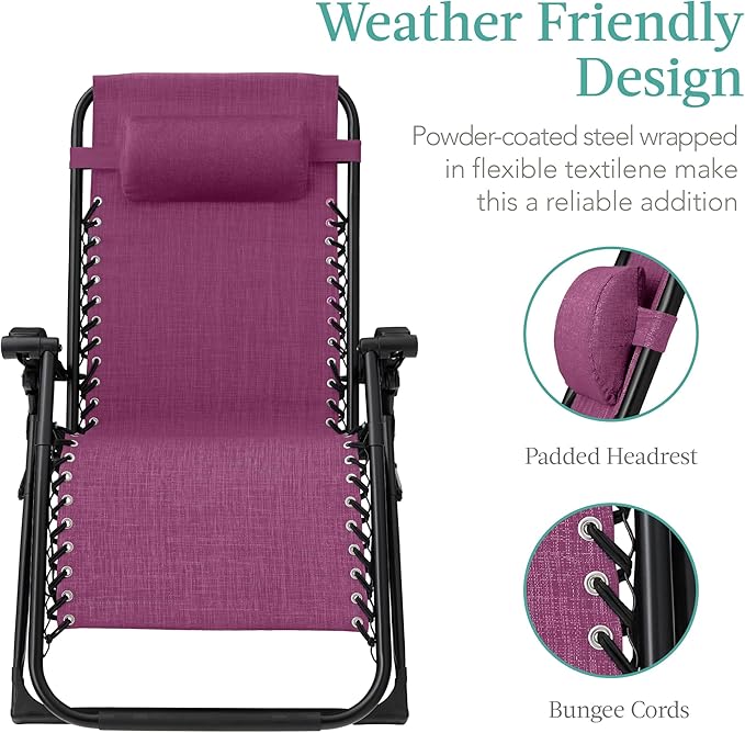 Best Choice Products Oversized Zero Gravity Chair, Folding Outdoor Patio Recliner, XL Anti Gravity Lounger w/Removable Cushion, Cup Holder, Side Tray, 350lb Capacity - Amethyst Purple