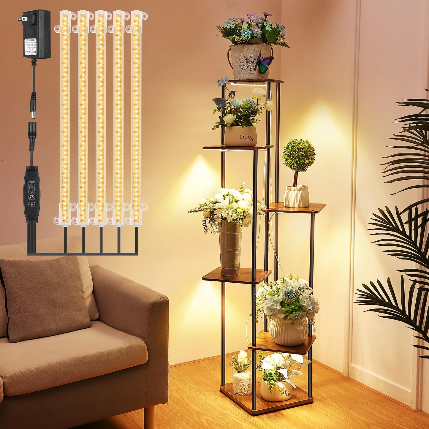 Dreyoo Plant Stand with Grow Light Indoor, 6 Tier 6 Potted Sturdy Metal Plant Shelf, Multiple Plant Holder Tall Plant Ladder for Display Plant Flower Corner Living Room Office (Black, Brown)