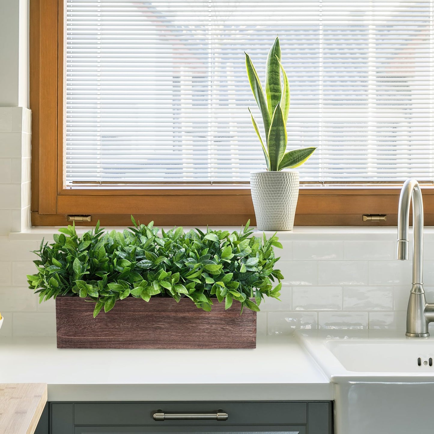 Winlyn 14" Artificial Boxwood Plants in Rectangular Wood Planter Farmhouse Greenery Arrangement Centerpiece Faux Potted Herb Plant for Wedding Dining Room Table Kitchen Windowsill Mantel Shelf Décor