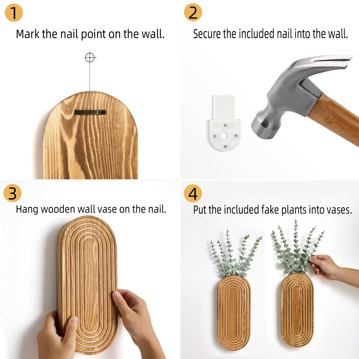 Mokof 2 Pack Carved Wood Wall Planters with Fake Eucalyptus Stems for Wall Decor - Boho Wooden Wall Art for Living Room, Bedroom, Bathroom (Brown)