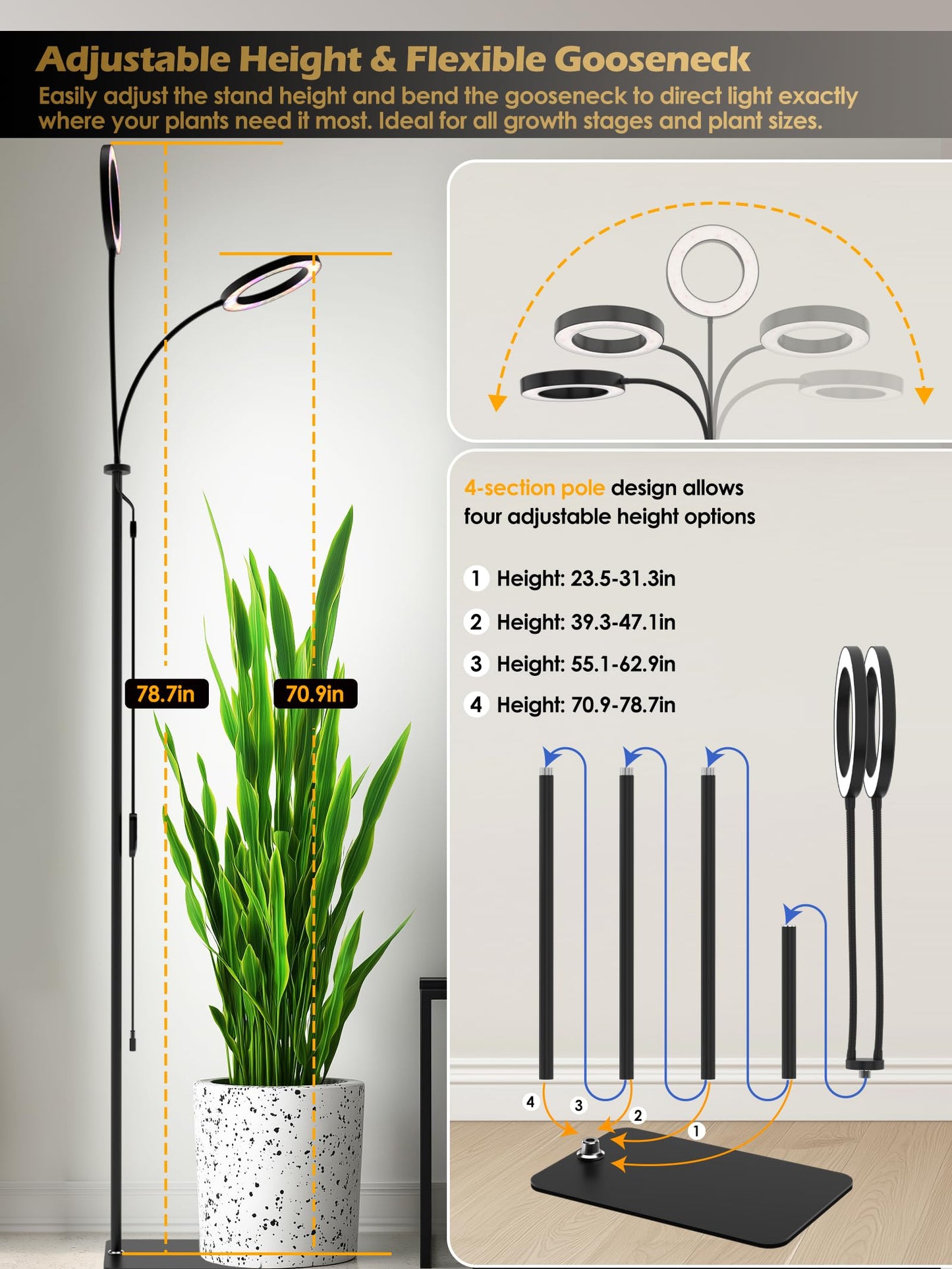 GLOWRIUM Grow Lights for Indoor Plants, Full Spectrum LED Grow Light, Stepless Dimming,3 Lighting Mode and Adjustable Height, Plant Light with 3/9/12/16H Timer (Black, 48W)