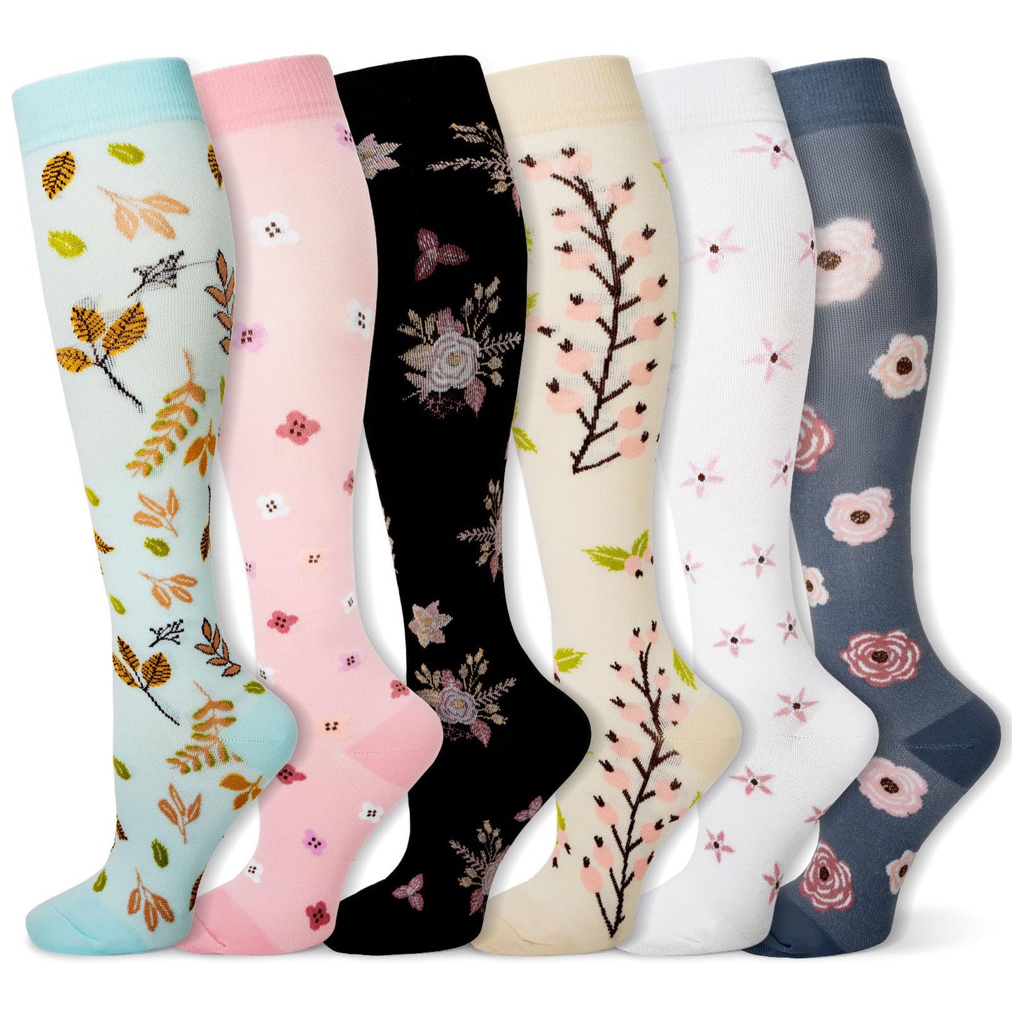 LEOSTEP Compression Socks for Men & Women (6 Pairs) Non-Slip Long Tube Ideal for Running,Nursing,Circulation & Recovery Boost Stamina, Hiking Travel & Flight Socks 20-30 mmHg