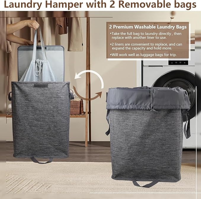 Foldable Laundry Hamper with 2 Removable Drawstring Bags, Portable Laundry