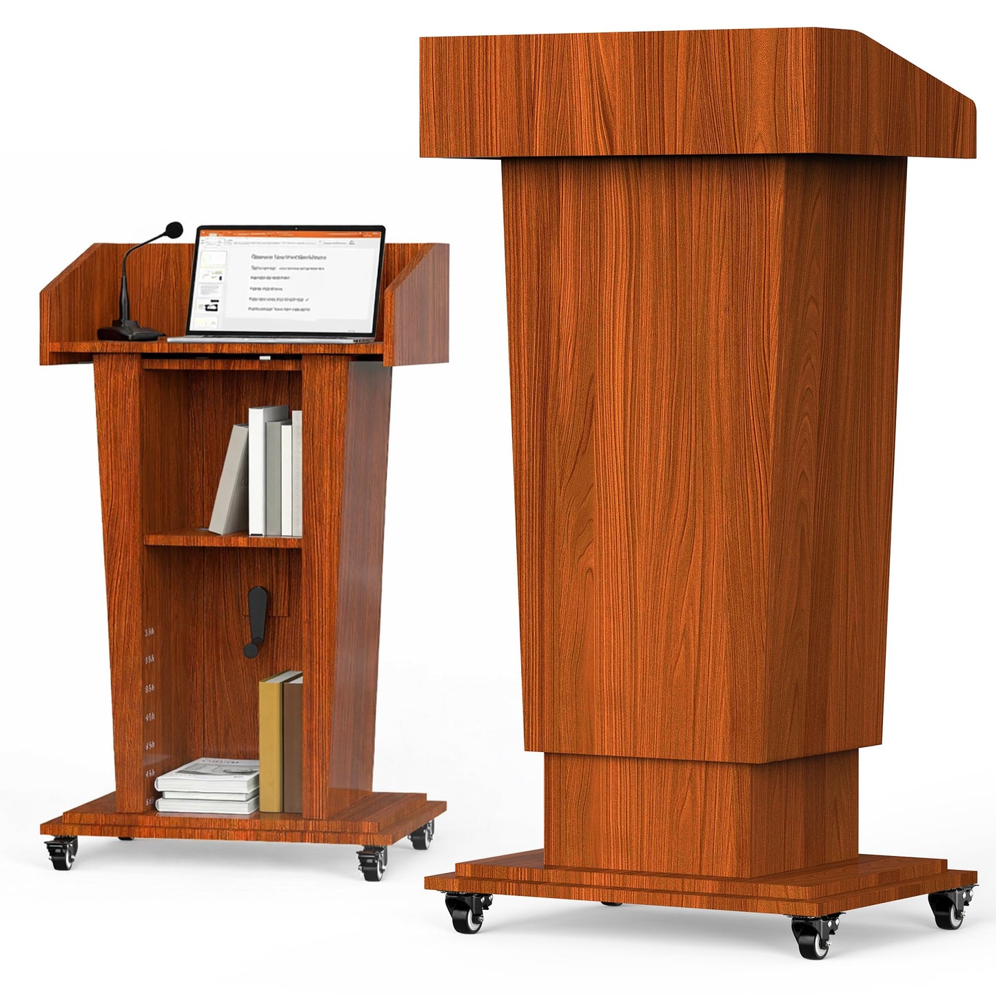 Tredre Wooden Podium Stand with Wheels, 41”–54.5” Height Adjustable Lectern, Mobile Podium with Crank Lift, Stable Base & Storage Shelf, Elegant Design for Churches, Classrooms and Conferences