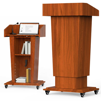 Tredre Wooden Podium Stand with Wheels, 41”–54.5” Height Adjustable Lectern, Mobile Podium with Crank Lift, Stable Base & Storage Shelf, Elegant Design for Churches, Classrooms and Conferences