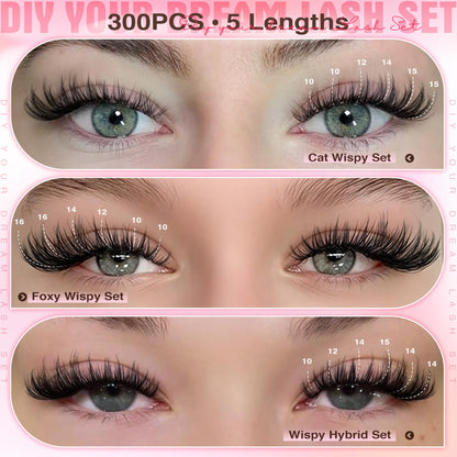 Goddvenus Lash Clusters Kit Wispy Eyelash Clusters Lashes Natural DIY Lash Extension Kit 10-16mm Cluster Eyelash Extensions Kit 300pcs C Curl Individual Lashes Cluster Eyelash (No Tweezers)