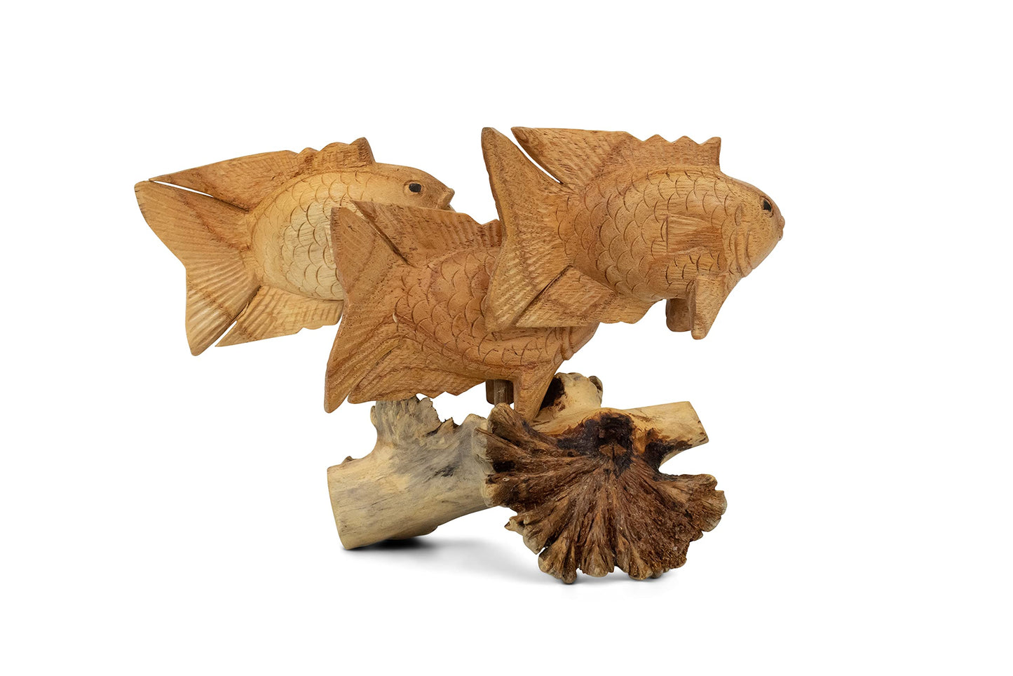 G6 Collection Wooden Hand Carved 3 Fish Swimming Statue Figurine Sculpture Art Decorative Rustic Home Decor Accent Handmade Gift Handcrafted Seaside Tropical Nautical Ocean Coastal Decoration 3 Fish