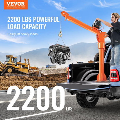 VEVOR 2200 lbs Electric Pickup Truck Crane with Electric Winch 6000 lbs 12V, Folding Truck-Mounted Bed Crane, Steel Pickup Truck Jib Crane Hoist 360° Swivel for Lifting Goods in Construction, Factory