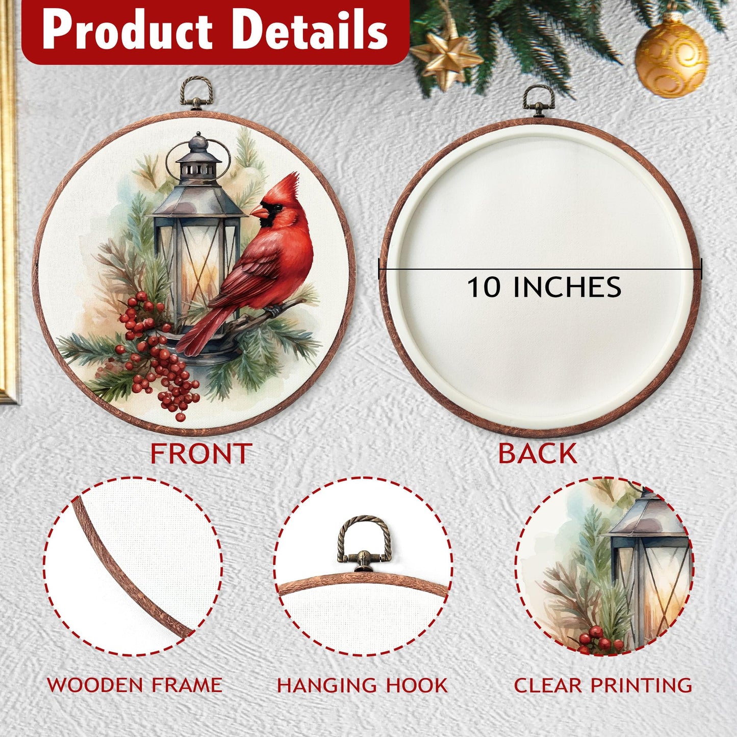 heiyihe Round Christmas Canvas Frame Wall Art Decor, 10x10 Inches Round Red Cardinal Bird Wall Artwork, Christmas Embroidery Kit Decor for Home Office, Xmas Gift Ideas for Family Friends-A02