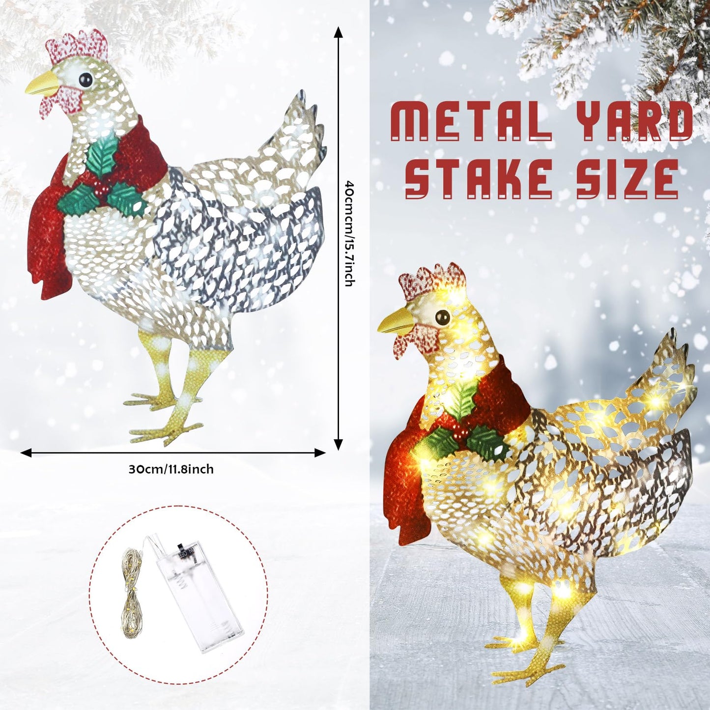 Shellwei 2 Pcs Light up Chicken with Scarf Christmas Decoration Metal Chicken Ornaments with 60 LED Lights Christmas Rooster with Stakes for Xmas Yard Garden Patio Lawn Outdoor Decor