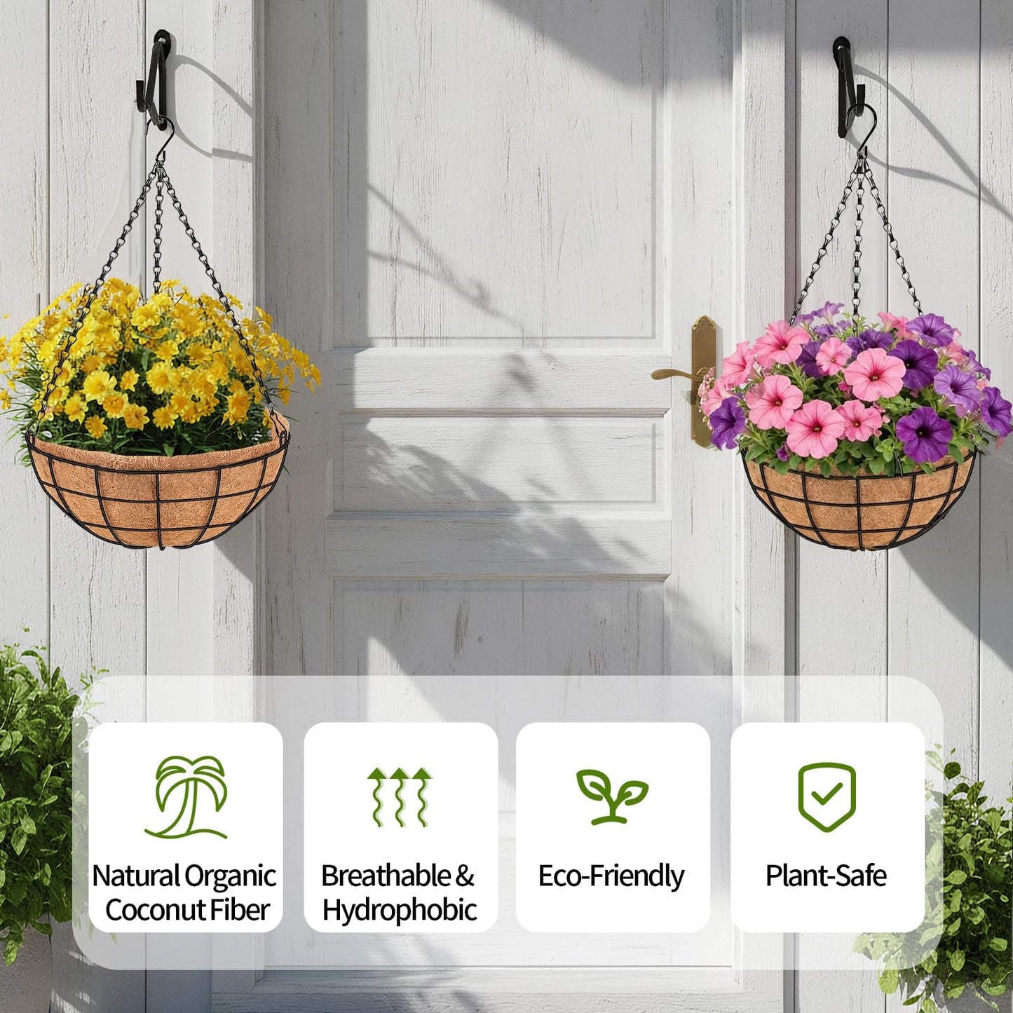 14 Inch Hanging Baskets for Plants Outdoor, 4 Pack Large Hanging Planters for Indoor Outdoor Plants, Round Metal Wire Hanging Flower Pots with Coconut Coir Liners for Garden, Deck, Porch, Balcony