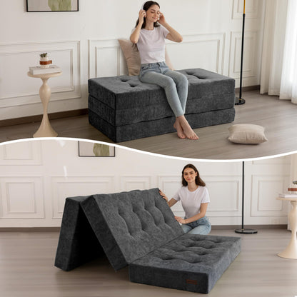 MAXYOYO 6" Folding Sofa Bed for Floor, Tufted Tri-Fold Floor Couch Bed with Chenille Fabric, Twin Size Portable Sofa Couch Guest Mat for Adults, Foldable Topper for Camping, Dark Grey, 35.4"x75"