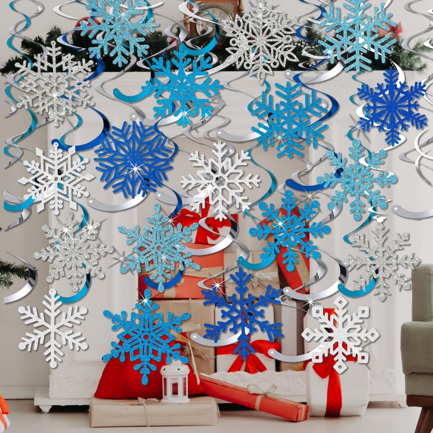 Winter Snowflake Hanging Swirl Decorations, 30Pcs Christmas Glitter Snowflakes Hanging Swirls Ornaments Ceiling Streamers for Xmas Winter Wonderland Frozen New Year Wedding Baby Shower Party Supplies