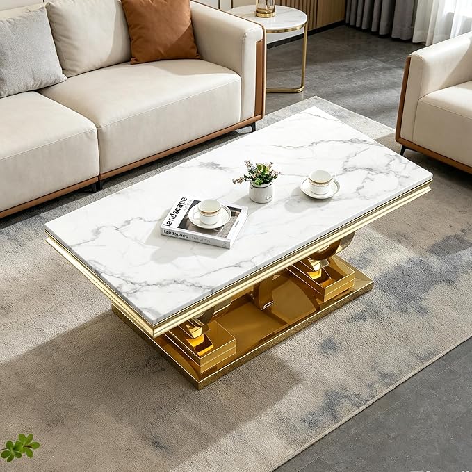 Henf 47" Marble Coffee Table Modern White Faux Marble Center Table