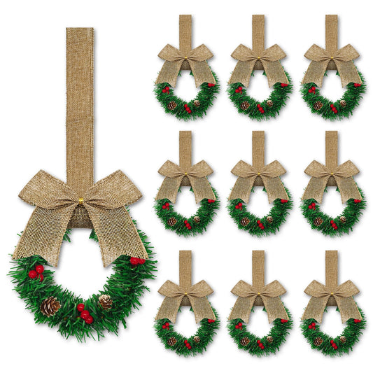 10 Pcs 6" Small Christmas Kitchen Cabinet Wreaths with Ribbon Mini Kitchen Cabinet Christmas Decor for Window Door (Linen Color)