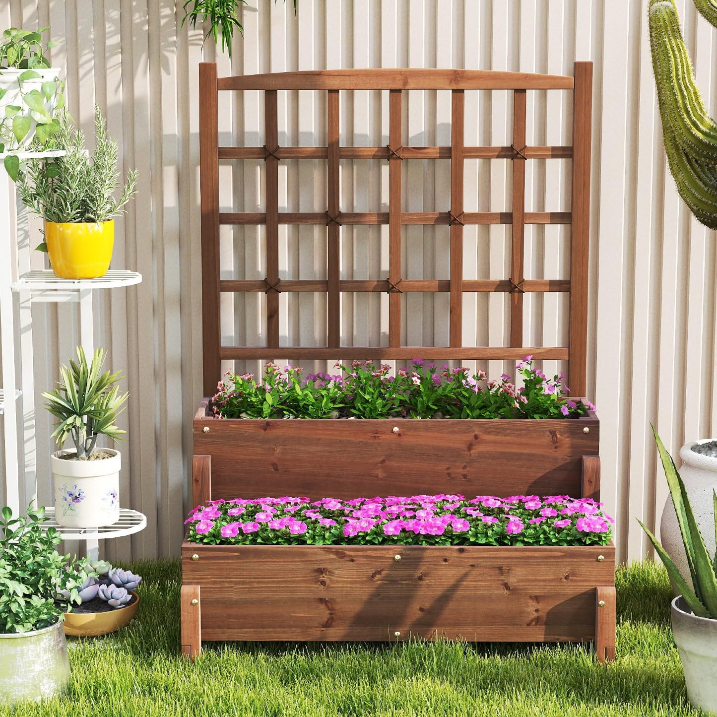 Toolsempire 2-Tier Raised Garden Bed with Trellis, Wooden Elevated Planter Box with Legs, Hemp Rope & Drainage Holes, Raised Plant Bed for Backyard, Garden, Lawn