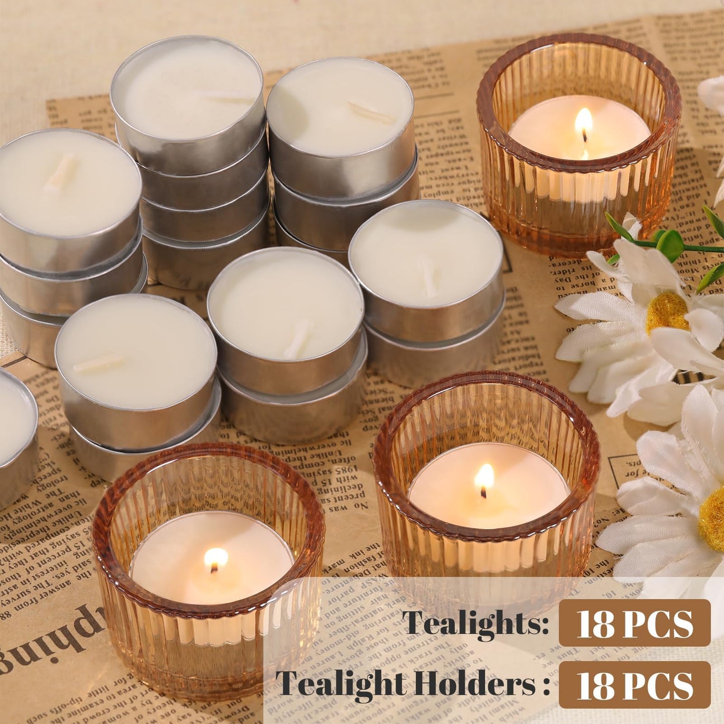 HAVITI 18 Pcs Gold Tealight Candle Holders with 18PCS Tealights, Glass Votive Candle Holders Set for Table Centerpiece, Home Decor and Party Supplies