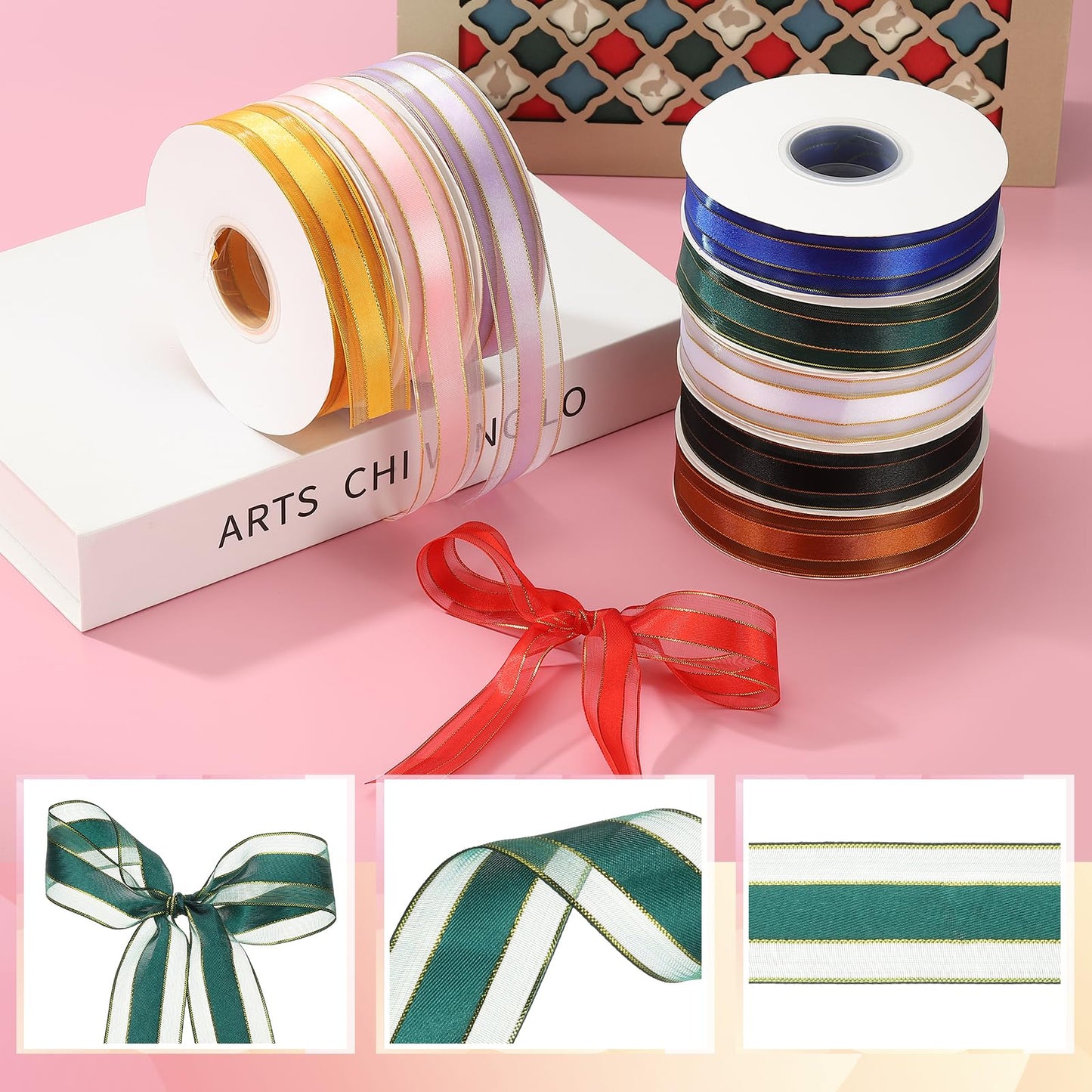 PATIKIL 100 Yards x 1" Organza Chiffon Gold Edge Ribbon, Gold and Green Candy Satin Striped Sheer Craft Ribbons for Bows Making, Gift Wrapping, Wreath, Birthday Wedding Decoration