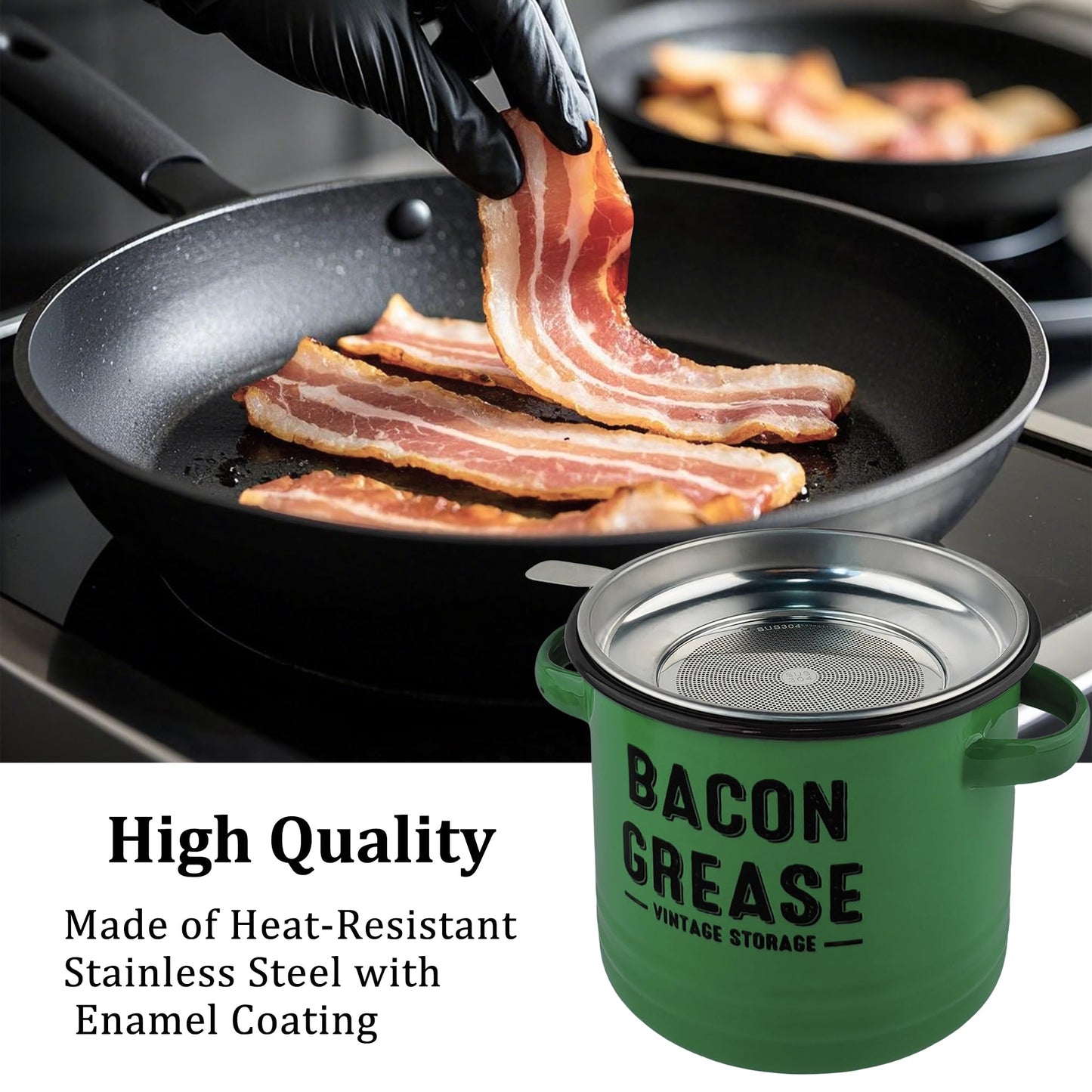 YOKODU 42oz Bacon Grease Container with Strainer,Enamel Ceramic Bacon Fat Can for Grease Drippings and Storage Grease Saver Keeper for Reuse & Disposal(green)