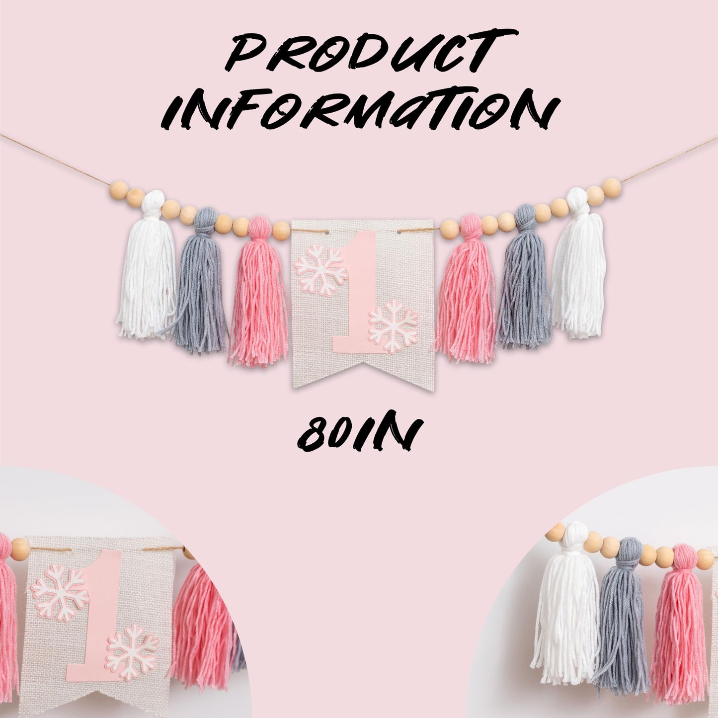 Upfirst Snowflake 1st Highchair Banner - Winter Wonderland First Birthday Decor, Snow Princess Theme Party Banner, Pink Gray White Tassels Snowflake Highchair Garland (Snowflakes Banner)