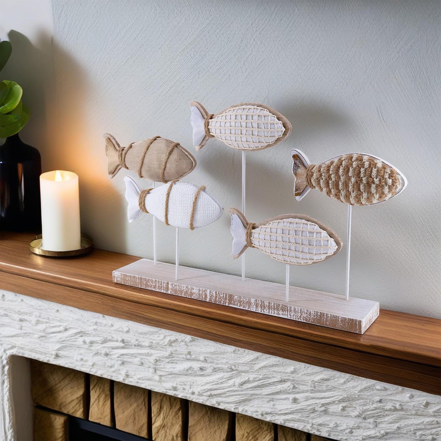 NAUTIMALL Wooden Fish Figurines with Jute Rope and Cotton String, Fish Sculpture Statues for Home Decoration, Table Top Nautical Decor for Living Room, Bedroom, Beachhouse Home Decor (JuteFish-5)