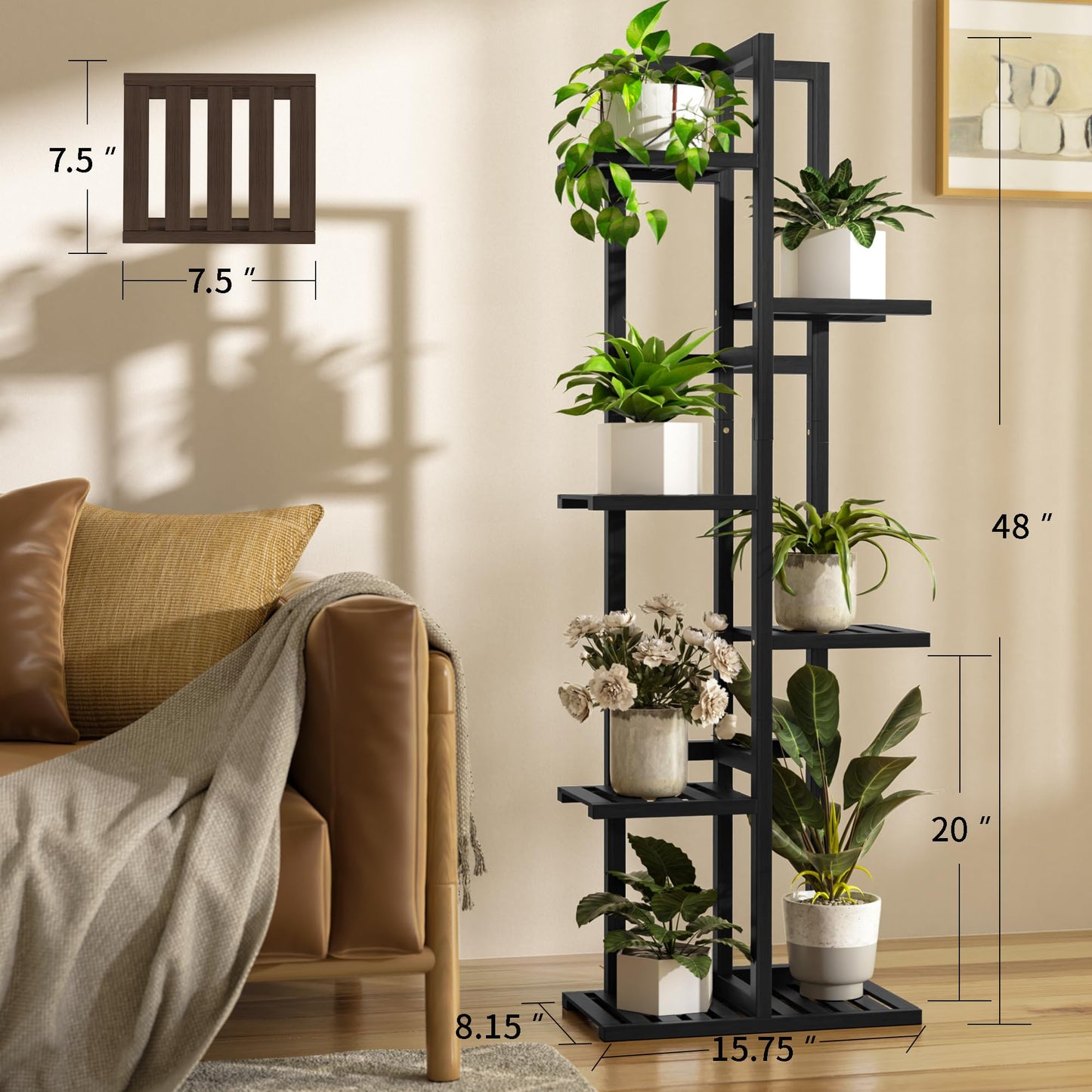 ROMGUAR CRAFT 6 Tier Bamboo Plant Stand Indoor, Wood Tall Flower Holder Corner Tiered Plant Shelf for Multiple Plants (Black)