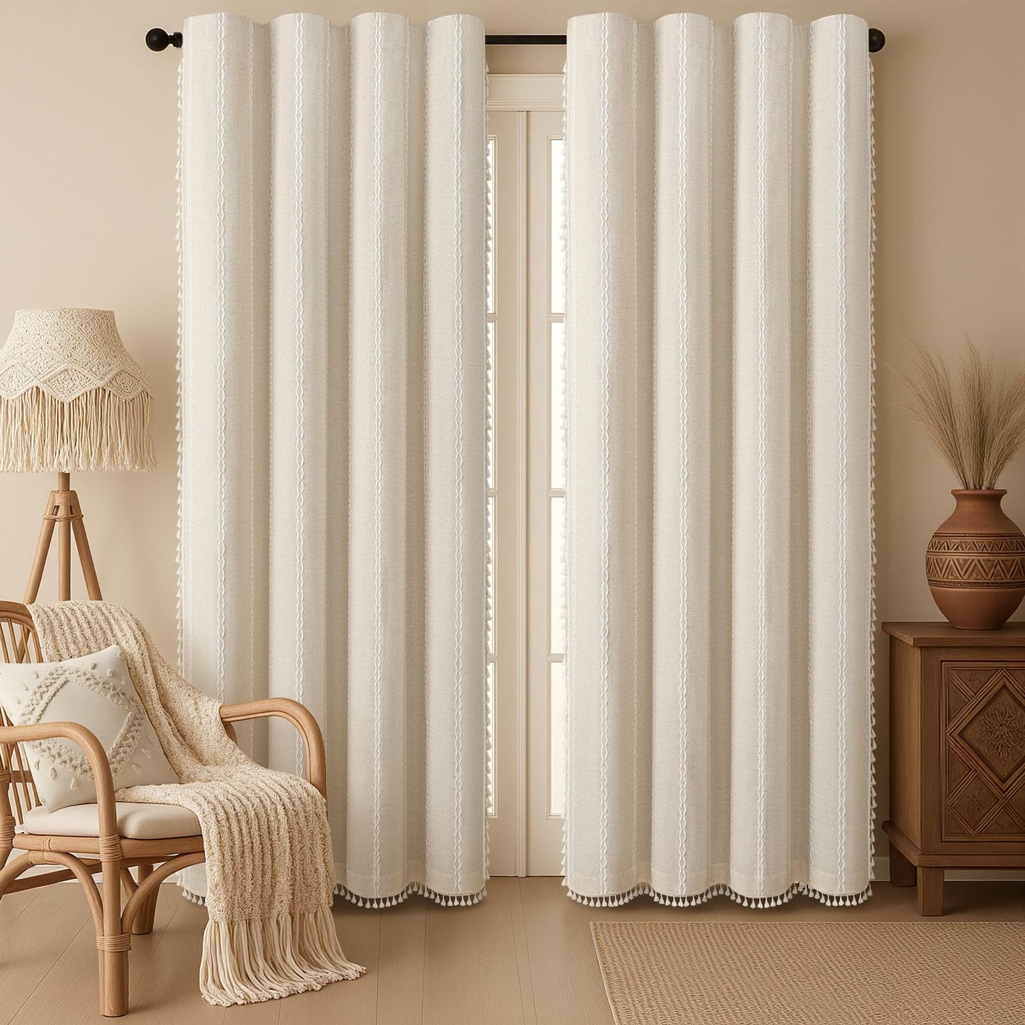 XOGUIBO Boho Blackout Curtains 2 Panels 84 Inch for Living Room Bedroom, Beige Linen Texture Farmhouse Curtains with Tassels and Cotton Embroidery Vintage Rustic Western Rod Pocket