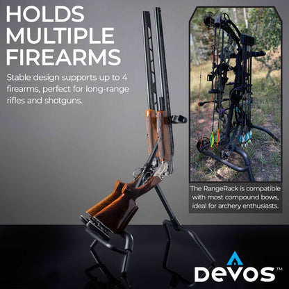 Devos Outdoor RangeRack | Portable Rifle Shotgun and Bow Stand | Ultralight Compact Folding Design | Stable for 1 to 4 Firearms or Compound Bows | Weather Resistant Aluminum Frame