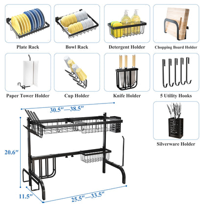 Over The Sink Dish Drying Rack, Adjustable (25.5 to 33.5 inch) 2 Tier Dish Drying Racks for Kitchen Counter with Paper Towel Holder Cup Utensil Holder ChoppingBoard Holder Sink Caddy Hooks, Black
