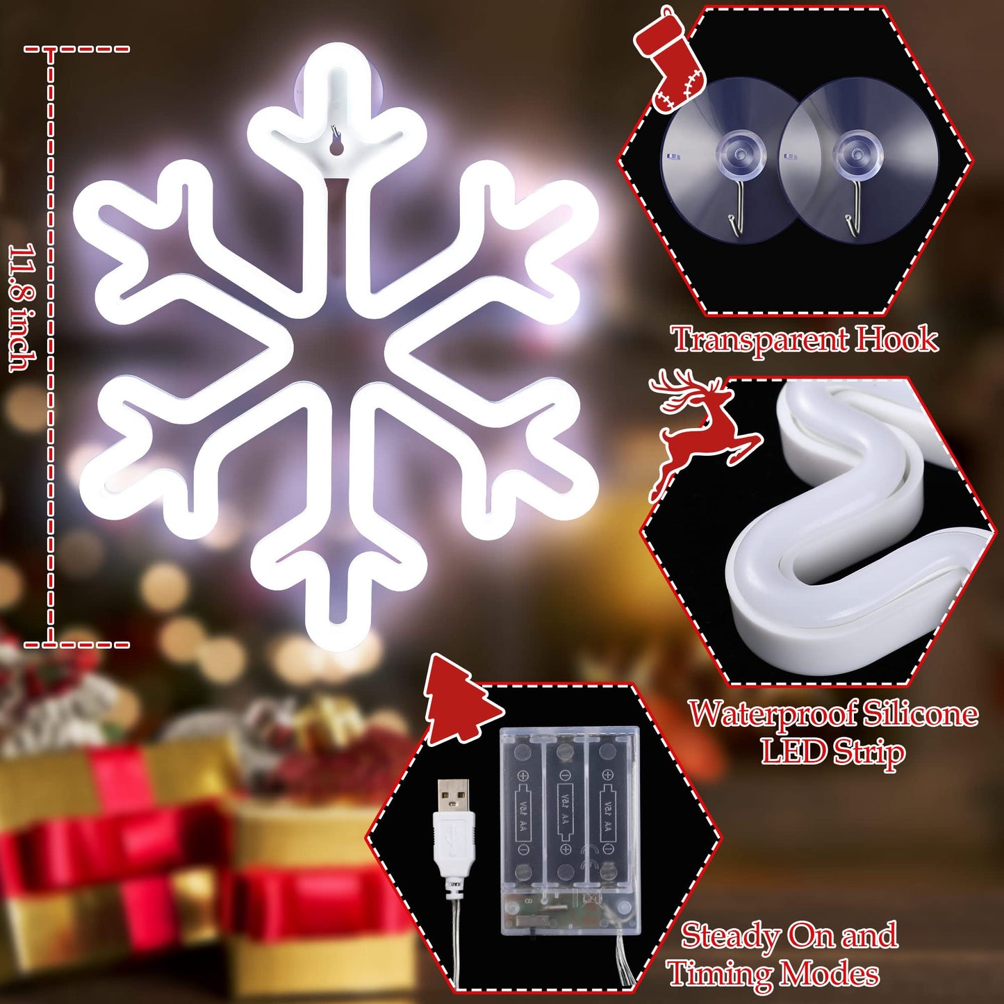 Enhon Christmas Neon Snowflake Light, 12 Inch Giant Snowflake Lights, Battery and USB Powered Christmas Curtain Neon Sign with Timer for Xmas Party Decoration(Cool White,2 Pack)