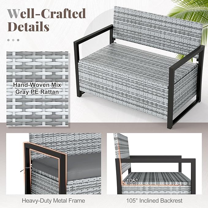 Tangkula 40 Gallon Outdoor Bench with Storage, Patio Wicker Storage Bench with Cushion, Cover, Metal Frame, Deck Box Seat for Backyard, Poolside, Balcony, Garden