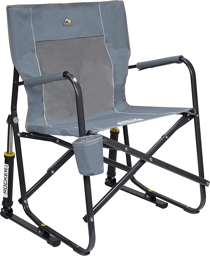 GCI Outdoor Freestyle Rocker Camping Chair | Portable Folding Rocking Chair with Solid, Durable Armrests, Drink Holder & Comfortable Backrest — Grey