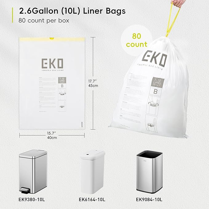EKO 2.6 Gallon / 7-10 Liter, Extra-Strong Unscented Garbage Bags, Easy-Dispense