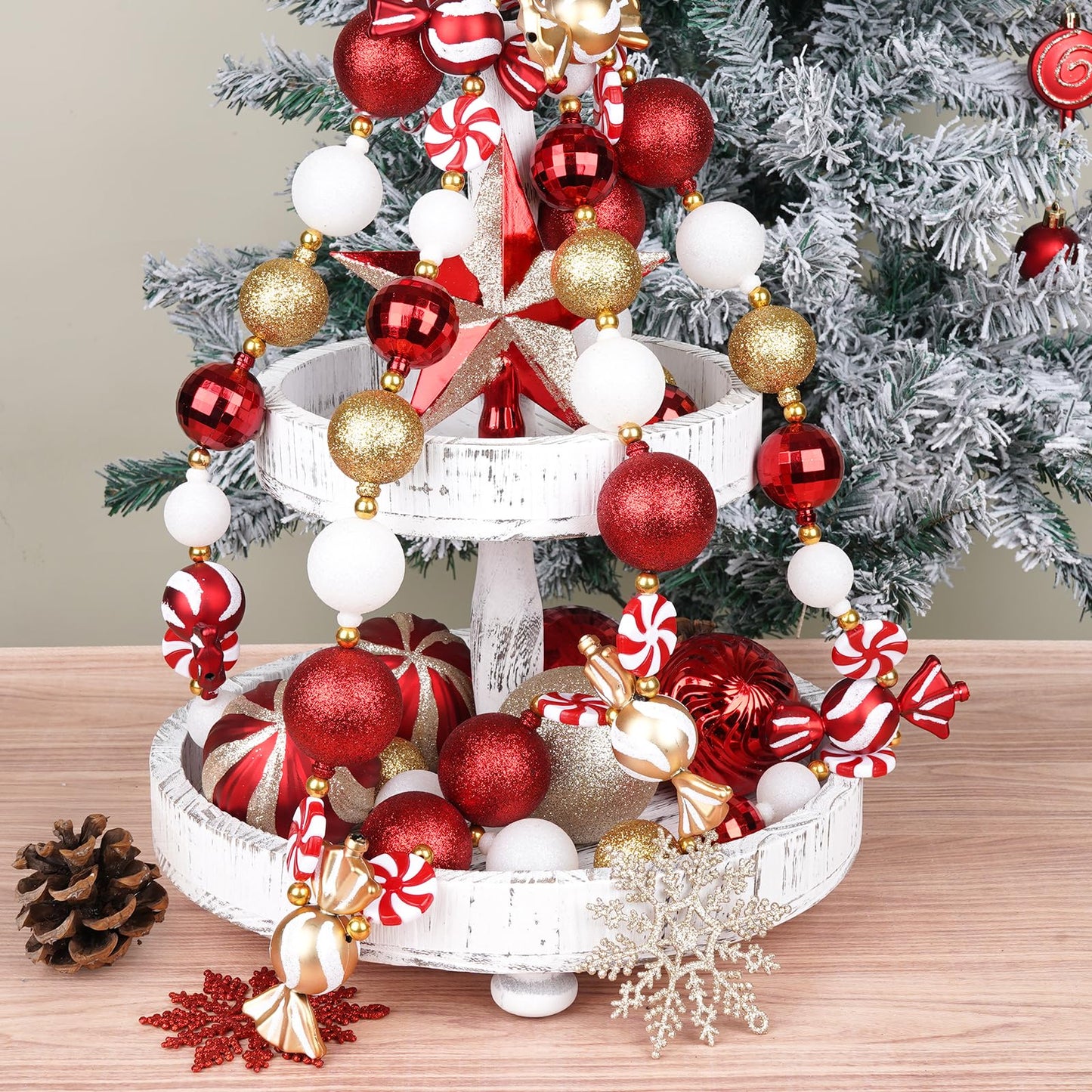 Candy Garland Christmas Decorations 9FT, Red White Gold Candy Bead Garland for Christmas Tree, Mantle, Party, and Holiday Decor