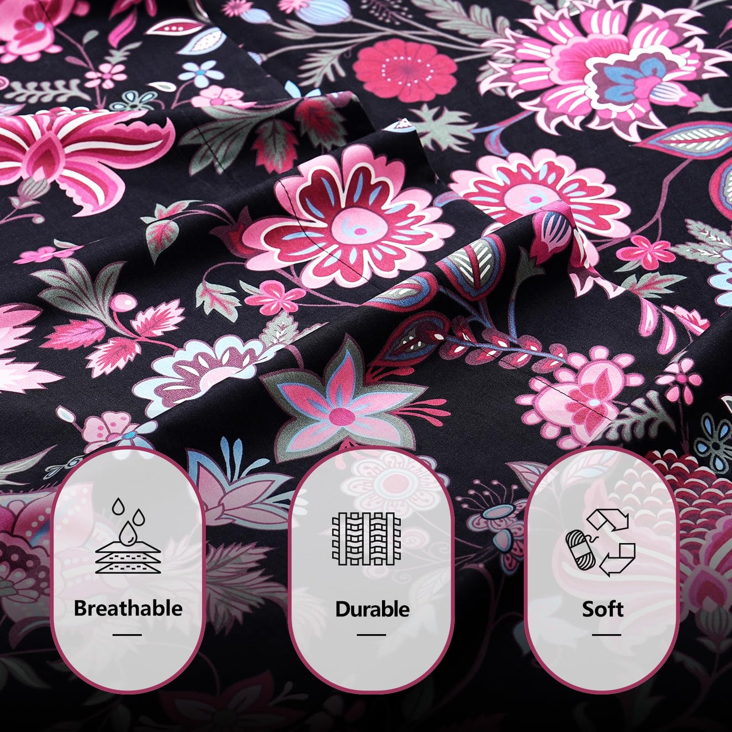 Bedlifes King Sheet Set Ultra Soft, Breathable, Silky Flower Deep Pocket 100% Microfiber Bedding, 4 Piece King Size with Floral,Black Red Flowers