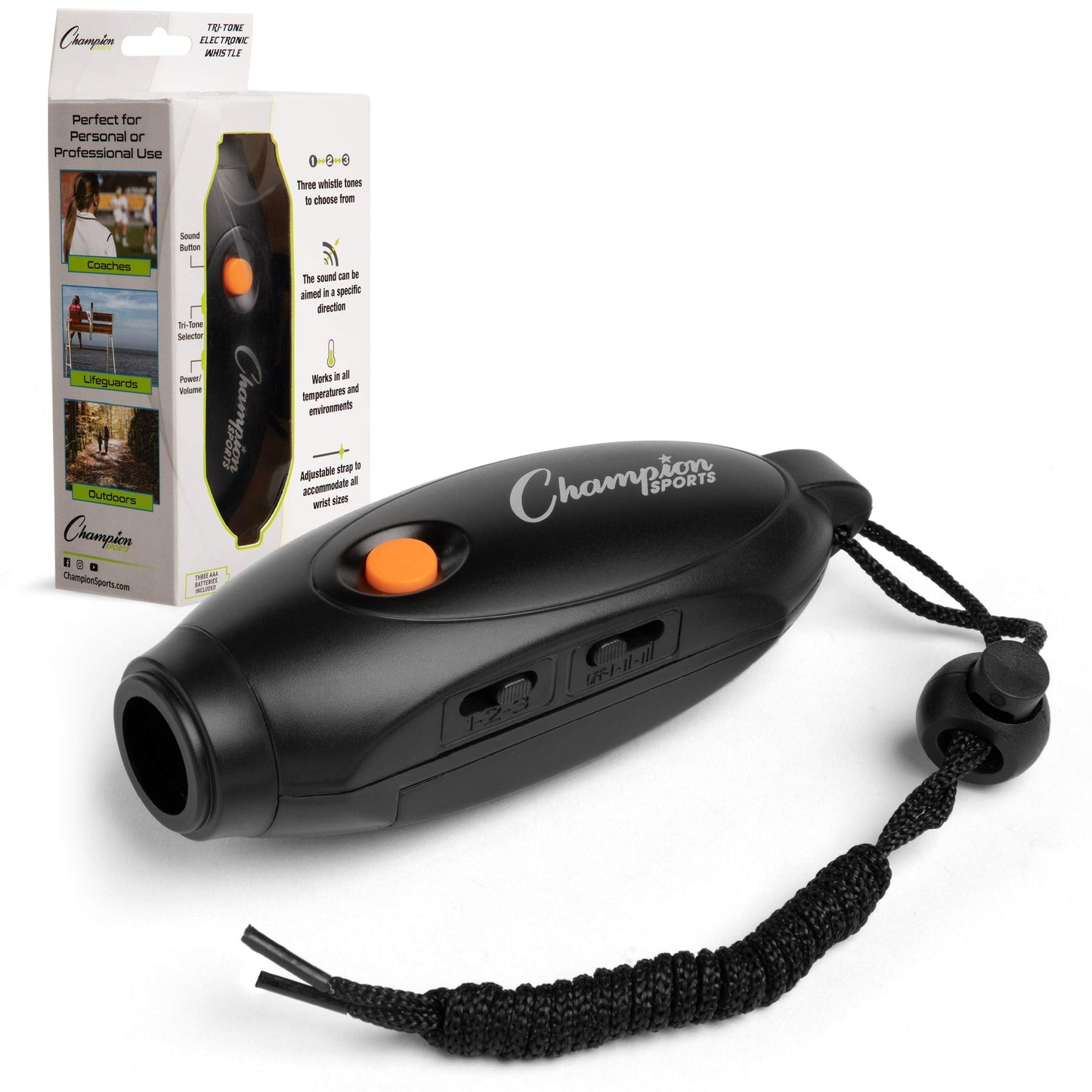 Champion Sports Electronic Hand Whistle, Three Tone-for Sports Coach, Referee, PE Teacher, Lifeguard, & Personal Use -Push Button, Handheld, Indoor and Outdoor, Adjustable Volume and Wrist Strap Black