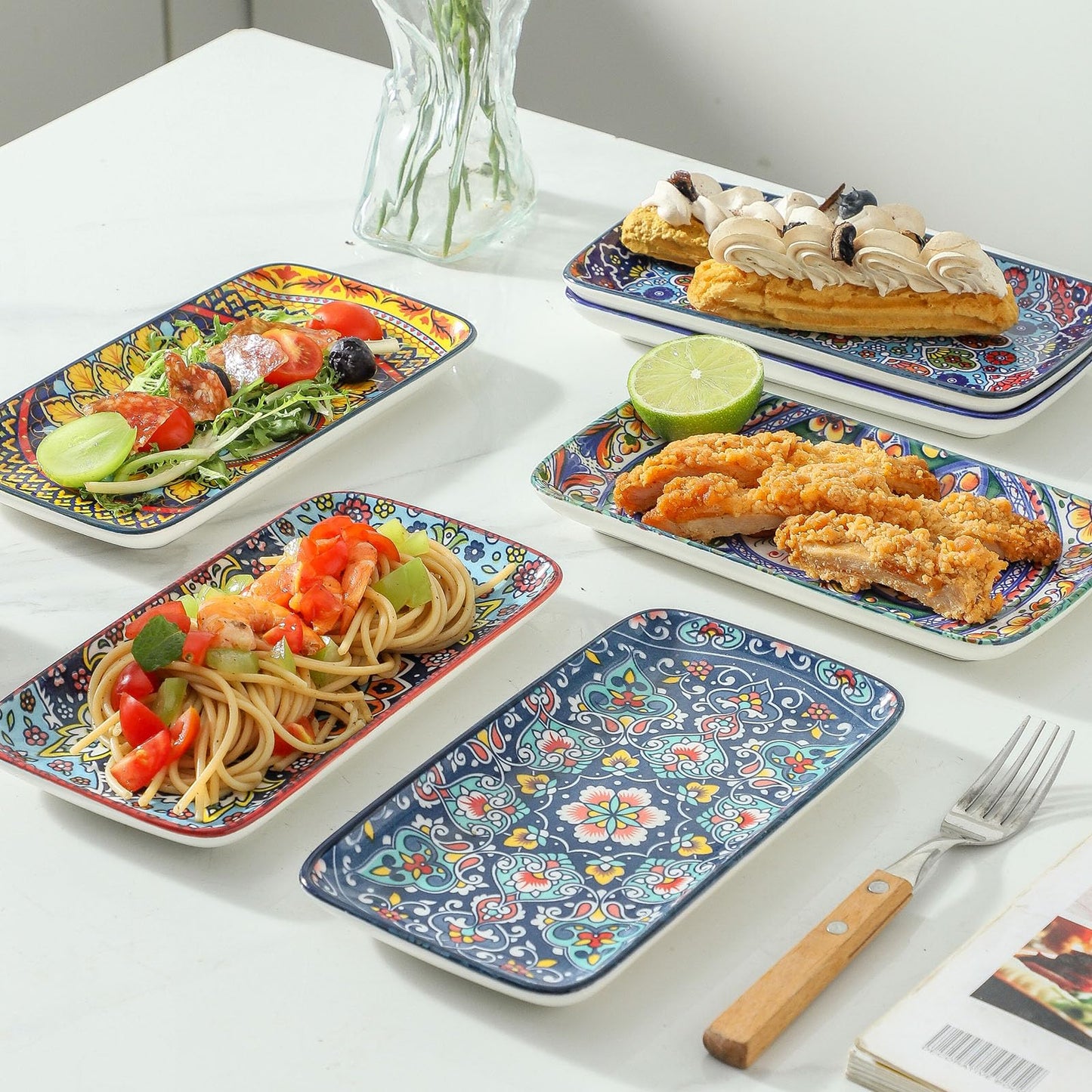 glowworm Porcelain Appetizer Plates Set of 6, 8.5 Inch Salad Plates for Sushi, Dessert, Rectangular Serving Platters, Serving Tray for Party, Kitchen, Microwave & Oven Safe, Bohemian