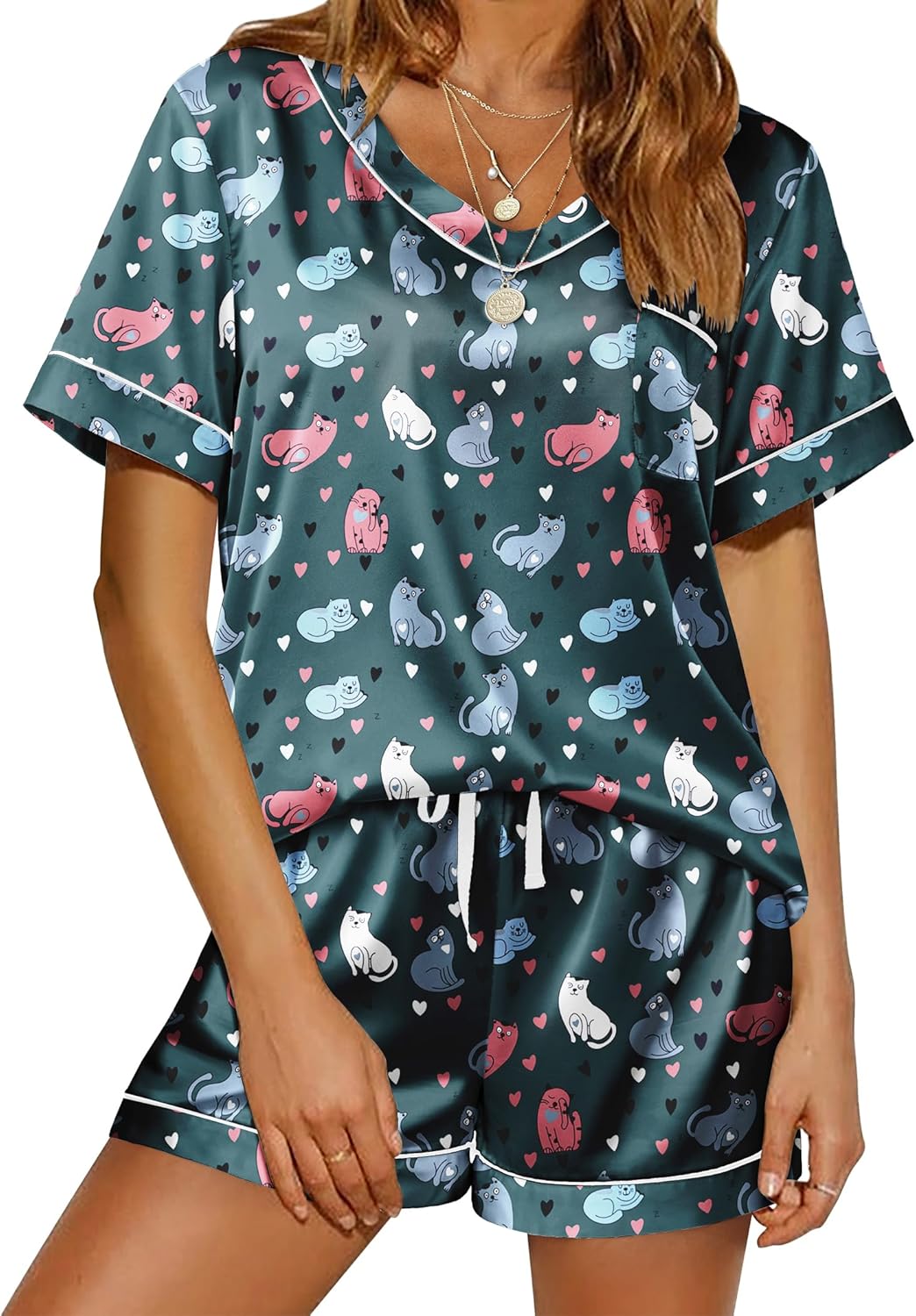 Ekouaer Silk Pajama for Women Short Sleeve Satin Pj Set Two Piece Soft Sleepwear Loungewear, S-XXL